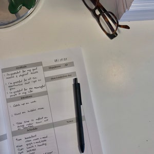 May include: A daily planner with a black pen on top of it. The planner has sections for gratitude, happiness, how the day ended, intentions, schedule, and notes. The planner has a date of 28/19/21 written at the top.