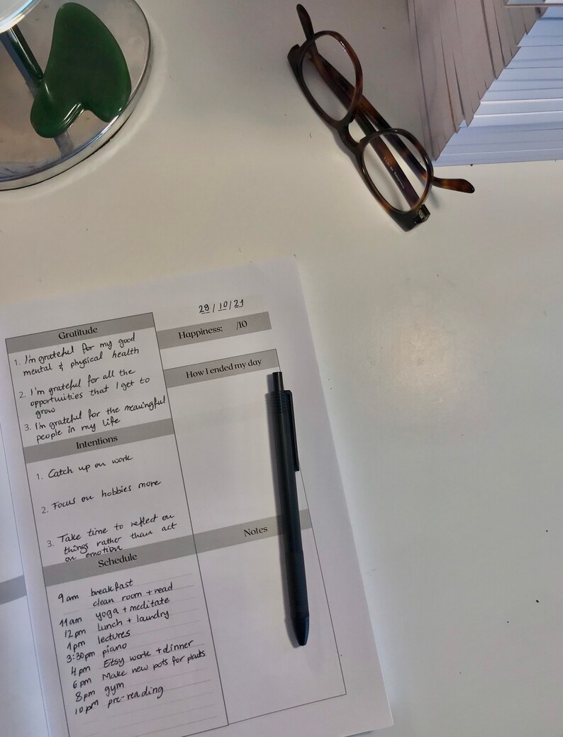 May include: A daily planner with a black pen on top of it. The planner has sections for gratitude, happiness, how the day ended, intentions, schedule, and notes. The planner has a date of 28/19/21 written at the top.