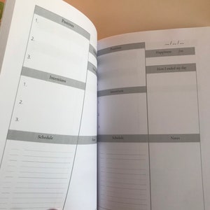 May include: A blank daily planner with sections for positives, intentions, schedule, and notes. The planner has a grey background and black text.