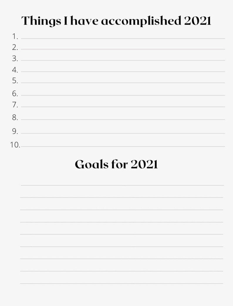 May include: A printable checklist with a list of 10 things to accomplish in 2021 and a list of goals for 2021.