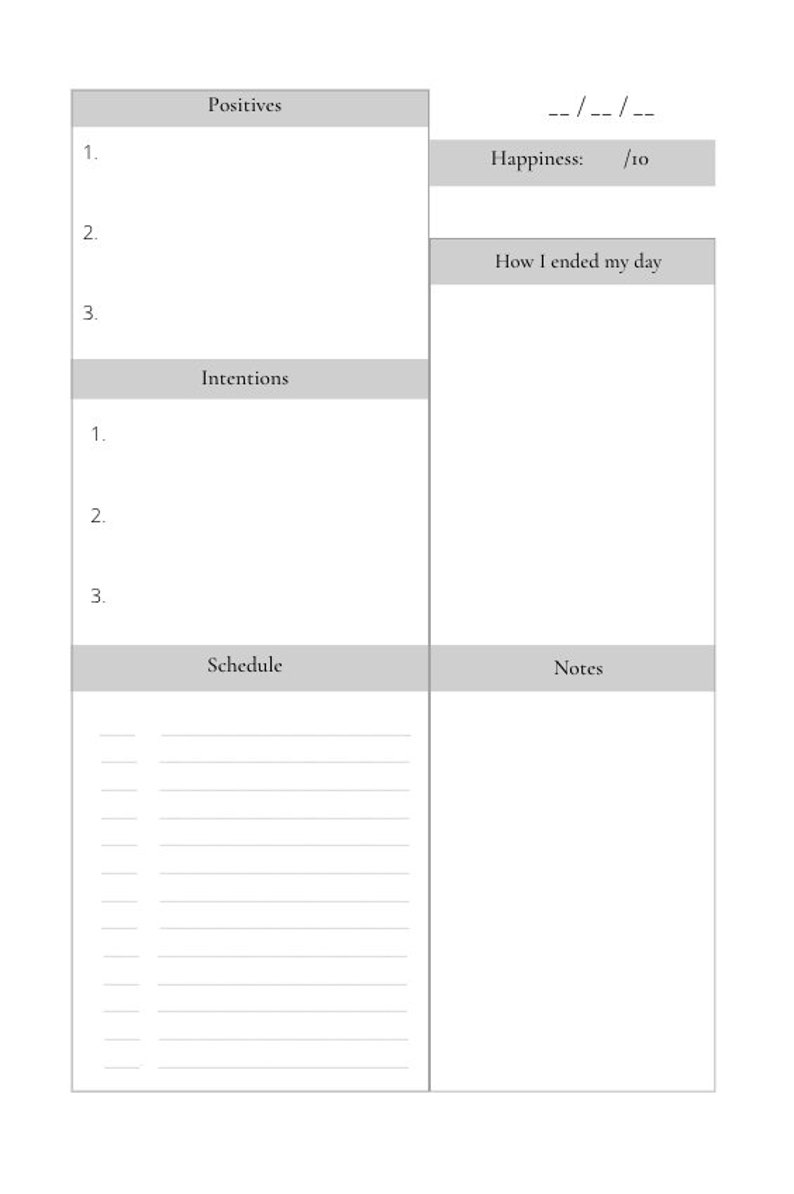 May include: A printable daily planner with sections for positives, intentions, schedule, and notes. The planner includes a happiness rating scale and a space to write how the day ended.