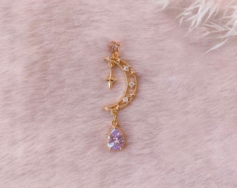 Left Gold Mystic Moon Earring (one earring): 18K Gold Plating, Zirconia Gems, Stainless Steel, Hypoallergenic Copper