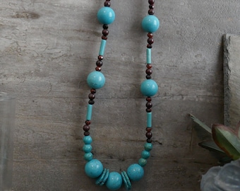 Turquoise Magnesite Blue Red Jasper Red Tigereye Necklace Single Strand #2136