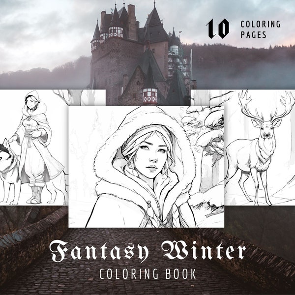 Fantasy Winter Coloring Book | Snow Maiden, Wolf, Deer, Mystery House in the Forest | 10 Christmas Coloring Pages PDF, JPG | Unusual Adult