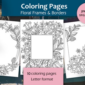 Cadres floraux et bordures | 10 pages à colorier pour créer votre propre carte de voeux, cadeau fait main. Dessin à l'encre avec un arrière-plan transparent PNG