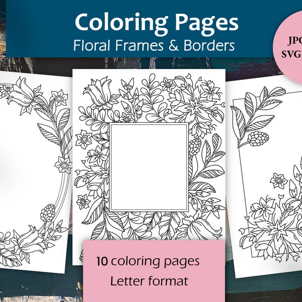 Floral Frames and Borders | 10 Coloring pages to make your own greeting card, handmade gift. Ink drawing with transparent background PNG