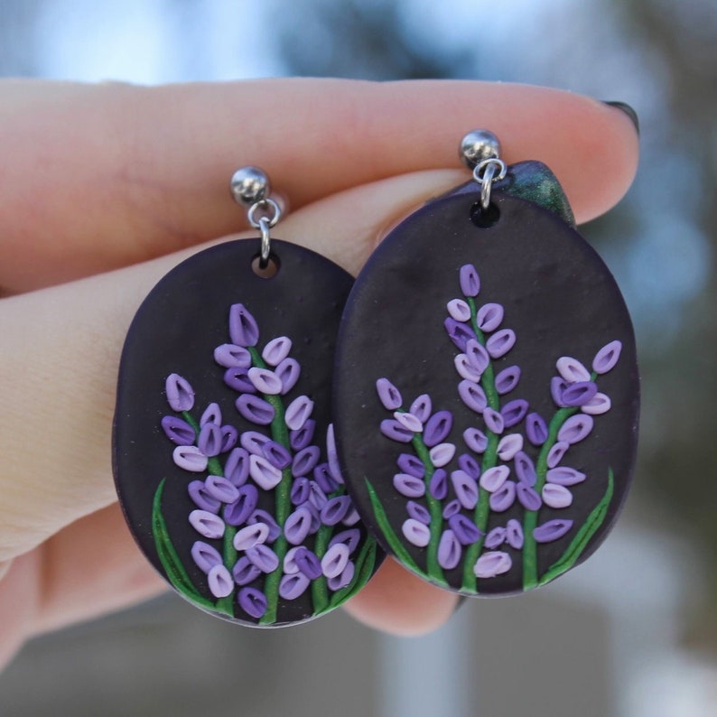Purple Lavender Flower Polymer Clay Earrings Etsy
