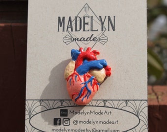 Polymer Clay Heart Pin | Handmade Anatomical Heart Organ Pin