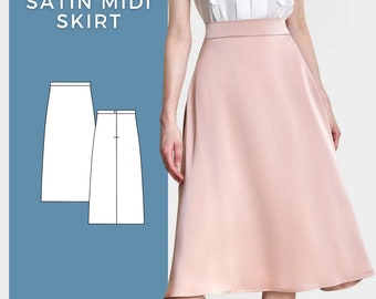 Patrón de costura falda satinada, patrón falda midi, patrón falda larga, patrón falda línea A, patrón falda círculo, falda costura PDF, digital