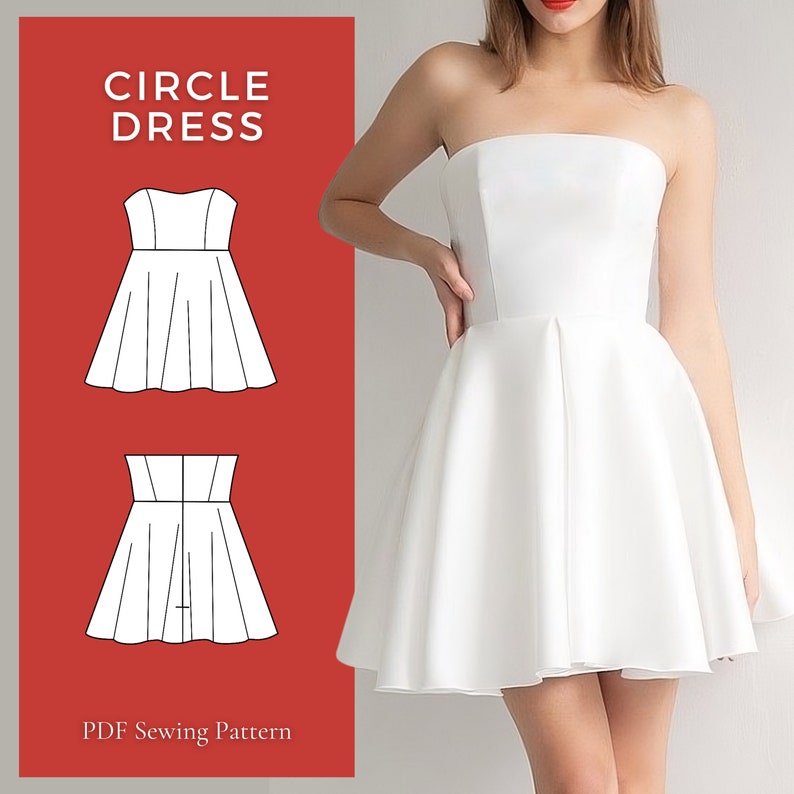 Puede incluir: Un patr&oacute;n de costura digital para un vestido de falda circular. El patr&oacute;n incluye dos vistas: una falda corta y una falda m&aacute;s larga. El patr&oacute;n est&aacute; disponible para descargar en PDF.