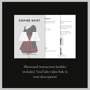 Puede incluir: Un patr&oacute;n de costura para una falda imperio. El patr&oacute;n incluye instrucciones e ilustraciones. La falda se muestra en dos versiones: una blanca y una roja. El texto en la p&aacute;gina dice "Empire Skirt" y "sewing instructions".
