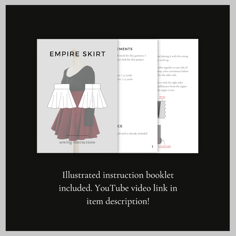 Puede incluir: Un patr&oacute;n de costura para una falda imperio. El patr&oacute;n incluye instrucciones e ilustraciones. La falda se muestra en dos versiones: una blanca y una roja. El texto en la p&aacute;gina dice "Empire Skirt" y "sewing instructions".