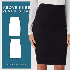 May include: A black above-knee pencil skirt sewing pattern. The pattern includes two views of the skirt, one with a front zipper and one with a back zipper. The pattern is available as a PDF download.