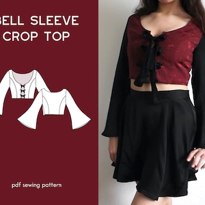 Patron de couture de crop top à manches cloche, motif de crop top ouvert sur le devant, motif de manches trompette, patron de couture d’automne, patrons de couture pour femmes