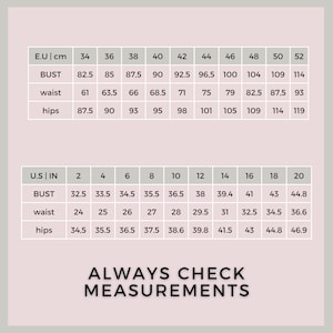 May include: Size chart for clothing with measurements in inches and centimeters. The chart shows bust, waist, and hip measurements for both US and EU sizes.