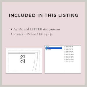 May include: A diagram showing the different sizes of patterns included in this listing. The sizes are A4, A0, and Letter. The sizes are also listed in US and EU sizes, ranging from US 2-20 / EU 34-52.