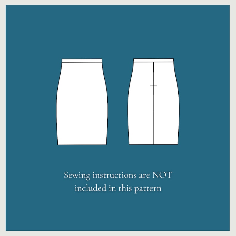 May include: A line drawing of a skirt pattern. The skirt is shown from the front and back. The text "Sewing instructions are NOT included in this pattern" is below the image.