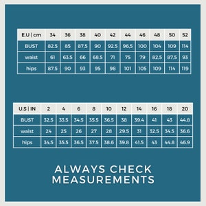 May include: A size chart for clothing with measurements in inches and centimeters. The chart shows bust, waist, and hip measurements for different sizes in both US and EU sizing.