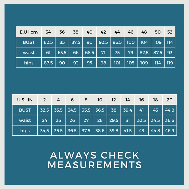 May include: A size chart for clothing with measurements in inches and centimeters. The chart shows bust, waist, and hip measurements for different sizes in both US and EU sizing.