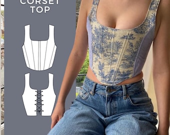 Patron de couture haut corset à télécharger au format PDF, haut d'été XS, S, M, L, XL patron de chemise à coudre pdf, patron de haut court bustier téléchargeable pour femme