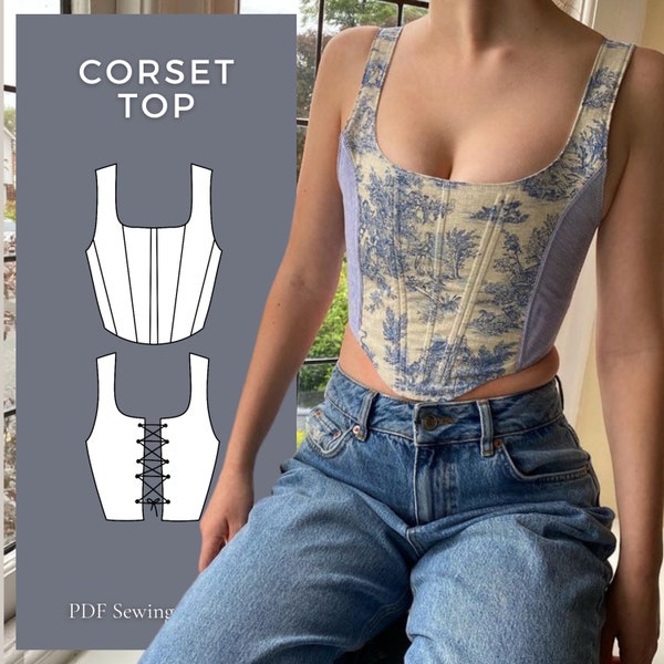 Patron de couture haut corset à télécharger au format PDF, haut d'été XS, S, M, L, XL patron de chemise à coudre pdf, patron de haut court bustier téléchargeable pour femme