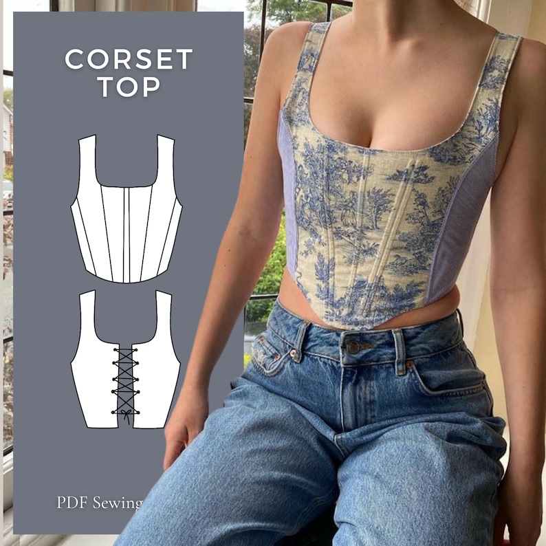 Cartamodello top corsetto Scarica PDF, top estivo XS, S, M, L, XL Modello top camicia cucito pdf, modello scaricabile bustier top corto da donna immagine 1