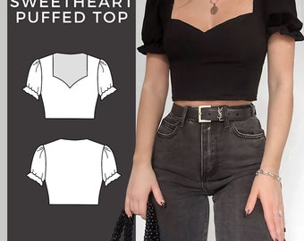 Puffärmel Sweetheart Ausschnitt, Crop Top Schnittmuster, Crop Top Schnittmuster, Einfaches Schnittmuster, Anfänger Schnittmuster, PDF Schnittmuster