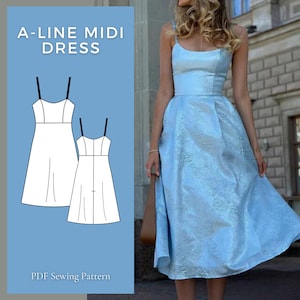 A-Line Dress Pattern, Midi Dress Sewing Pattern, Prom Dress Pattern, Sewing Patterns for Women, Summer Dress Pattern, Digital Sewing Pattern