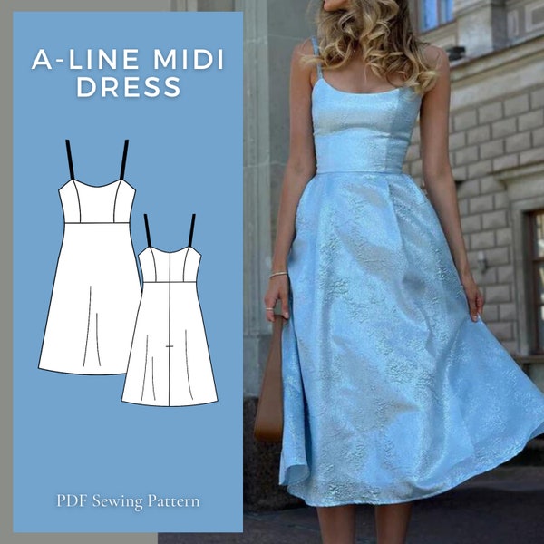 A-lijn jurk patroon, Midi jurk naaipatroon, prom jurk patroon, naaipatronen voor vrouwen, zomerjurk patroon, digitaal naaipatroon