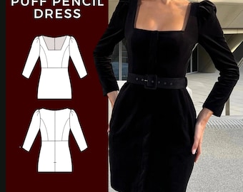 Puff Sleeve Dress Pattern, Pencil Dress Sewing Pattern, Prom Dress Pattern, Long Sleeve Dress Pattern, Sewing Patterns for Women, PDF