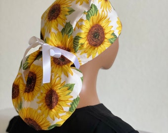 Casquette de gommage tournesol, bonnet d'infirmière tournesol, casquette de gommage pour femme, style queue de cheval, style bouffant, style tête de mort, doublé de satin