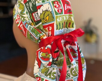 Gorro quirúrgico Grinch, gorro quirúrgico de enfermera, gorro quirúrgico para mujer, estilo coleta, estilo bouffant, estilo calavera, regalos de Navidad para enfermeras