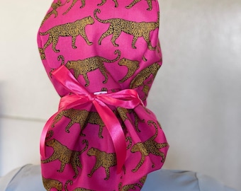 Pink Cheetah scrub cap, women scrub cap, fun scrub cap, nurse gift ideas, Skull, Euro, Ponytail, Bouffant