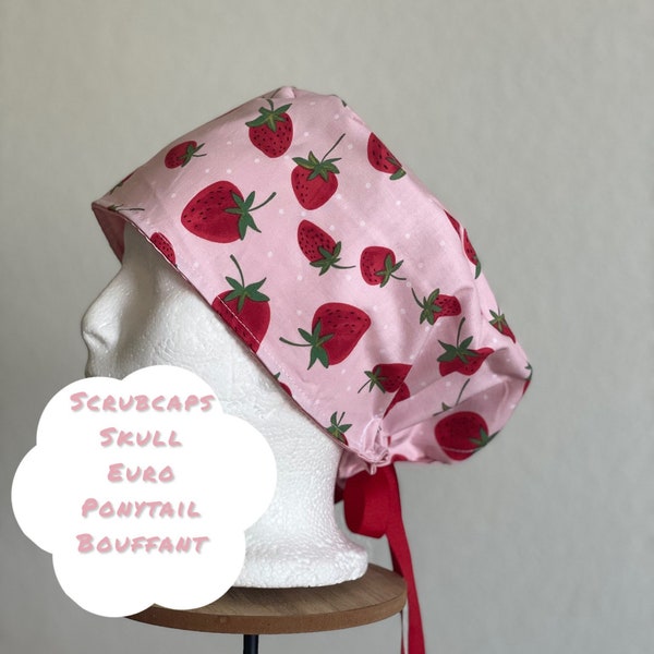 Strawberry Scrub cap for women, Euro style nurse hat, ponytail scrub hat, Floral Nurse Scrub hat, unisex scrub cap, Floral nurse