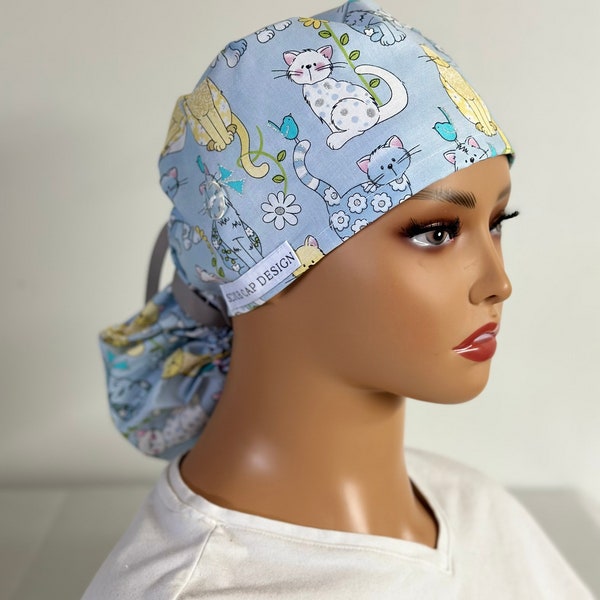 Floral cat Scrub cap, women scrub cap, scrub cap for nurses, or scrub cap, veterinary scrub cap, cat scrub cap