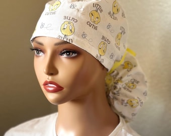 Gorros quirúrgicos Tweety para mujer, gorro quirúrgico con cola de caballo, gorros quirúrgicos para mujer, gorro quirúrgico para cabello largo