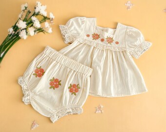 Ensemble de vêtements d’été pour bébé, costumes de filles de broderie de fleurs, tee-shirt et shorts pour bébé, ensemble de vêtements pour filles en bas âge, tenue d’été pour bébé fille