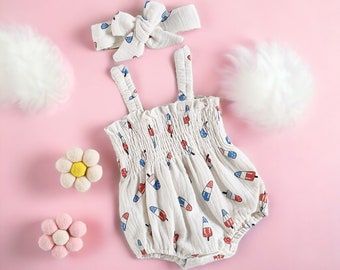 Independence Day Baby Girl Cute Romper, Combinaisons sans manches d’été et bandeau, Tenues pour bébés filles, Romper du 4 juillet, 1er 4 juillet