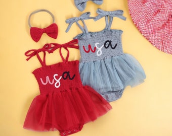 Summer Baby Girls Independence Days Romper, Combinaisons habillées pour bébés filles avec bandeau, tenues pour bébés filles, 4 juillet, premier 4 juillet