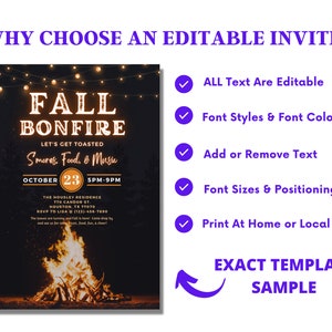 May include: An invitation design for a fall bonfire event. The invitation features the text "Fall Bonfire" with details about the event, including the date, time, and location. The design includes a bonfire graphic and string lights.