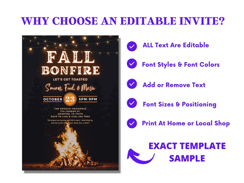 May include: An invitation design for a fall bonfire event. The invitation features the text "Fall Bonfire" with details about the event, including the date, time, and location. The design includes a bonfire graphic and string lights.