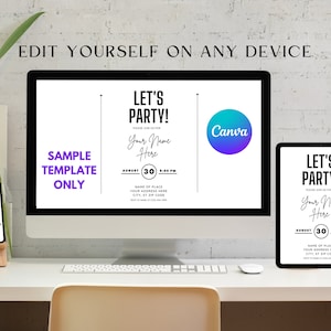 Puede incluir: Una maqueta digital de una plantilla de invitaci&oacute;n de fiesta en una pantalla de computadora, una tableta y un tel&eacute;fono inteligente. La plantilla presenta un dise&ntilde;o en blanco y negro con el texto "Let's Party!" y espacio para personalizaci&oacute;n. El logotipo de Canva es visible en la pantalla de la computadora.