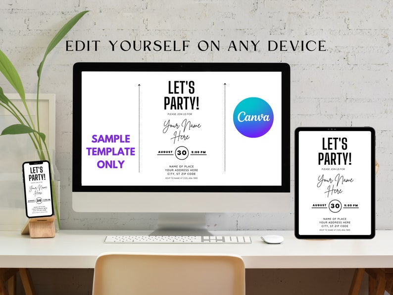 Puede incluir: Una maqueta digital de una plantilla de invitaci&oacute;n de fiesta en una pantalla de computadora, una tableta y un tel&eacute;fono inteligente. La plantilla presenta un dise&ntilde;o en blanco y negro con el texto "Let's Party!" y espacio para personalizaci&oacute;n. El logotipo de Canva es visible en la pantalla de la computadora.