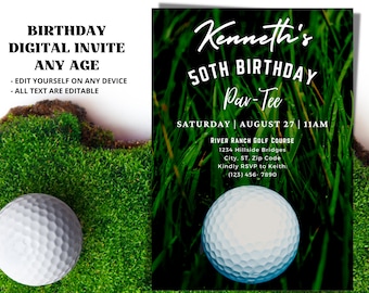 May include: A digital invitation for a 50th birthday party with a golf theme. The invitation features a green grass background with two golf balls and the text "Kenneth's 50th Birthday Par-Tee". The invitation also includes the date, time, and location of the party.