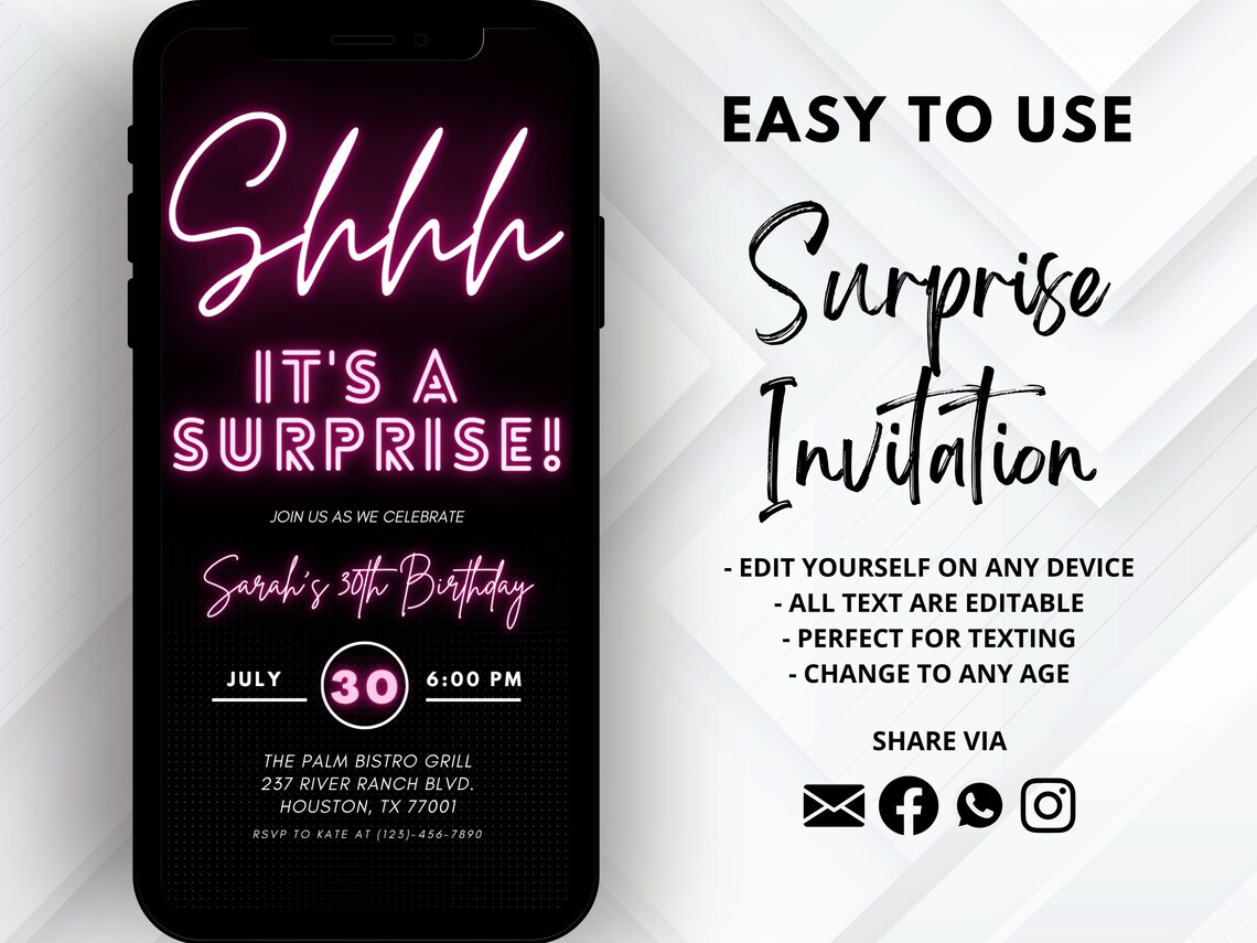 Electronic Surprise Birthday Invitation Shhh Its A Surprise Etsy