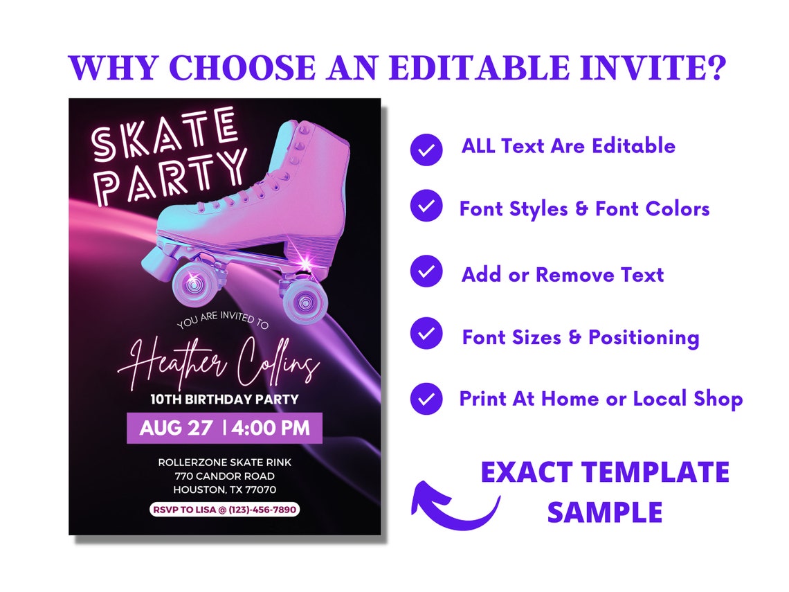 Skating Invitation Skate Party Invite Roller Skate Invite Etsy