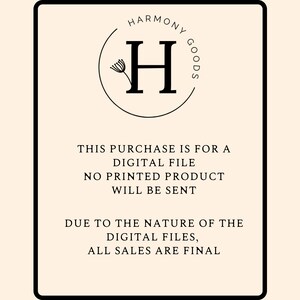 Puede incluir: Una imagen en blanco y negro con el texto "HARMONY GOODS" en un c&iacute;rculo con una letra estilizada "H" y un peque&ntilde;o dise&ntilde;o de flor. El texto debajo dice "THIS PURCHASE IS FOR A DIGITAL FILE NO PRINTED PRODUCT WILL BE SENT DUE TO THE NATURE OF THE DIGITAL FILES, ALL SALES ARE FINAL."