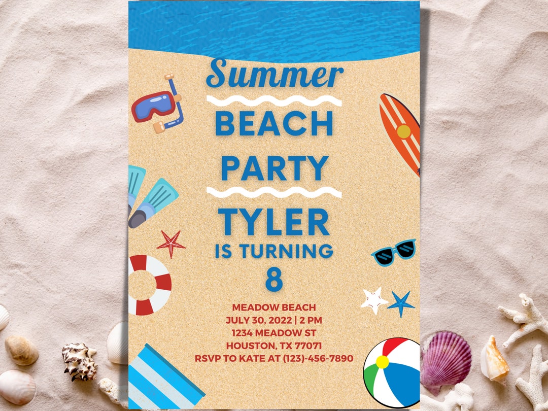 Beach Party Invite Summer Birthday Party Invitation Boys Kids Beach ...