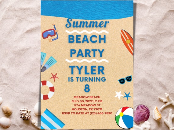 Beach Party Invite Summer Birthday Party Invitation Boys | Etsy