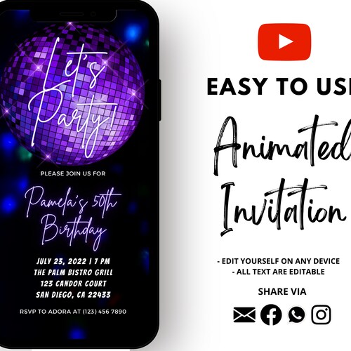 Disco Birthday Invitation Electronic Birthday Invitation Etsy
